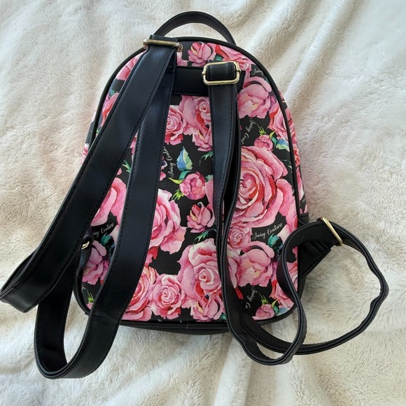 Juicy Couture Mini Backpack Purse Black Pink Roses Floral Studded PVC - Picture 2 of 7